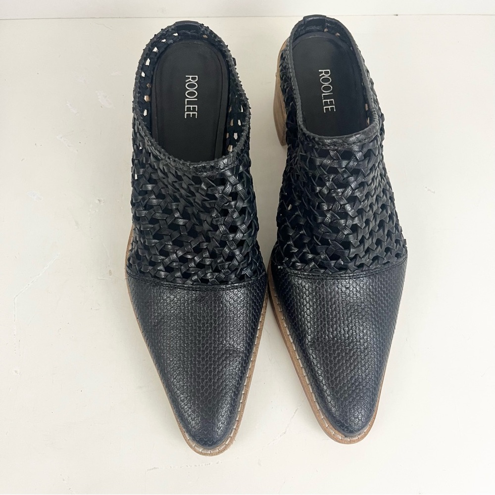 Roolee Black Leather Braided Open Heel Loafers Women’s Size 9